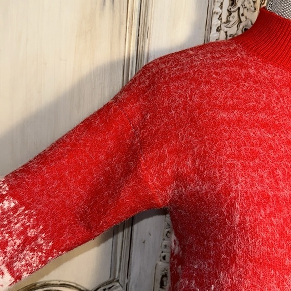 Red and White Snowflakes Eyelash Yarn High Crewneck Super Soft Pullover Sweater - Picture 6 of 11